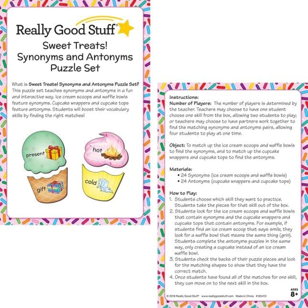 Picture of: Really Good Stuff Sweet Treats Synonyms and Antonyms Puzzle Set